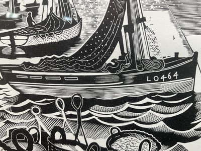 Lot 46 - John Scorror O'Connor (1913-2004) woodcut, Cockle boats, signed, 288/500, 19cm x 16cm, glazed frame