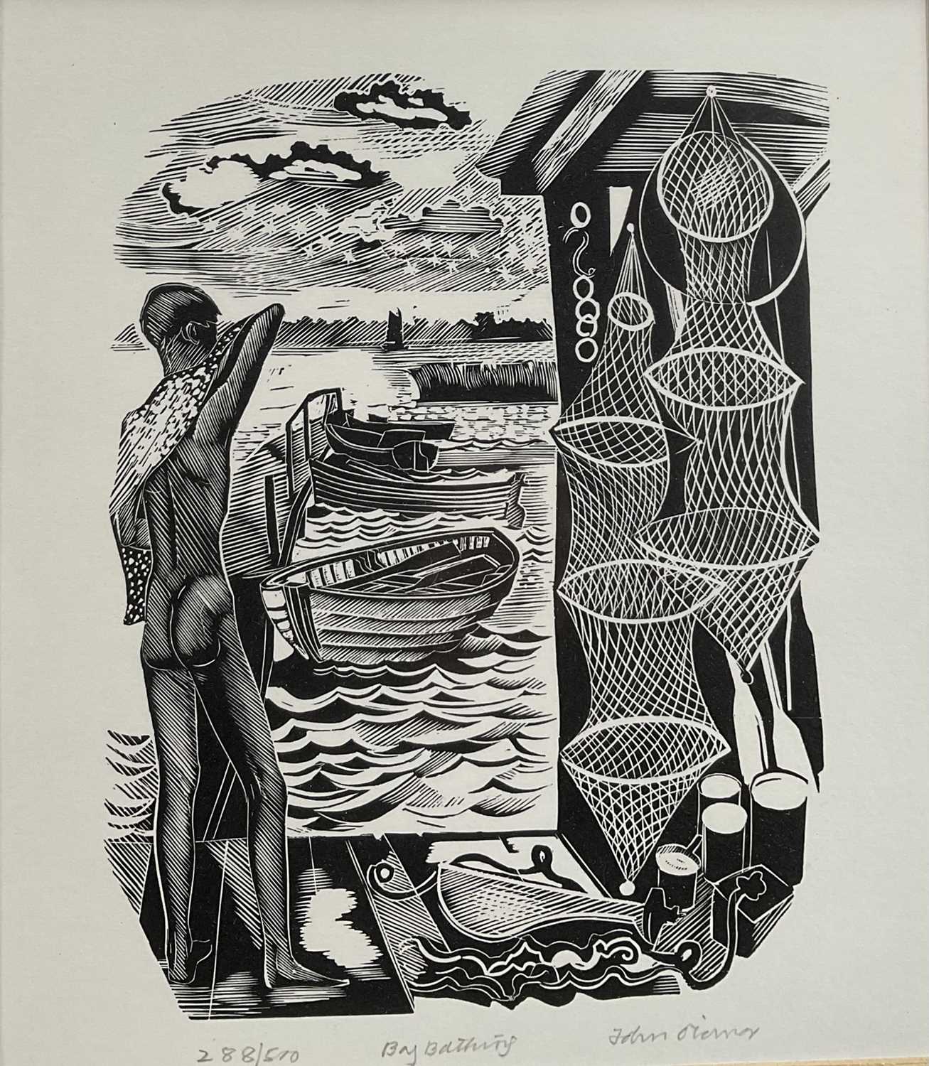 Lot 47 - John Scorror O'Connor (1913-2004) woodcut, Box Bathing, signed, 288/500, 19cm x 16cm, glazed frame