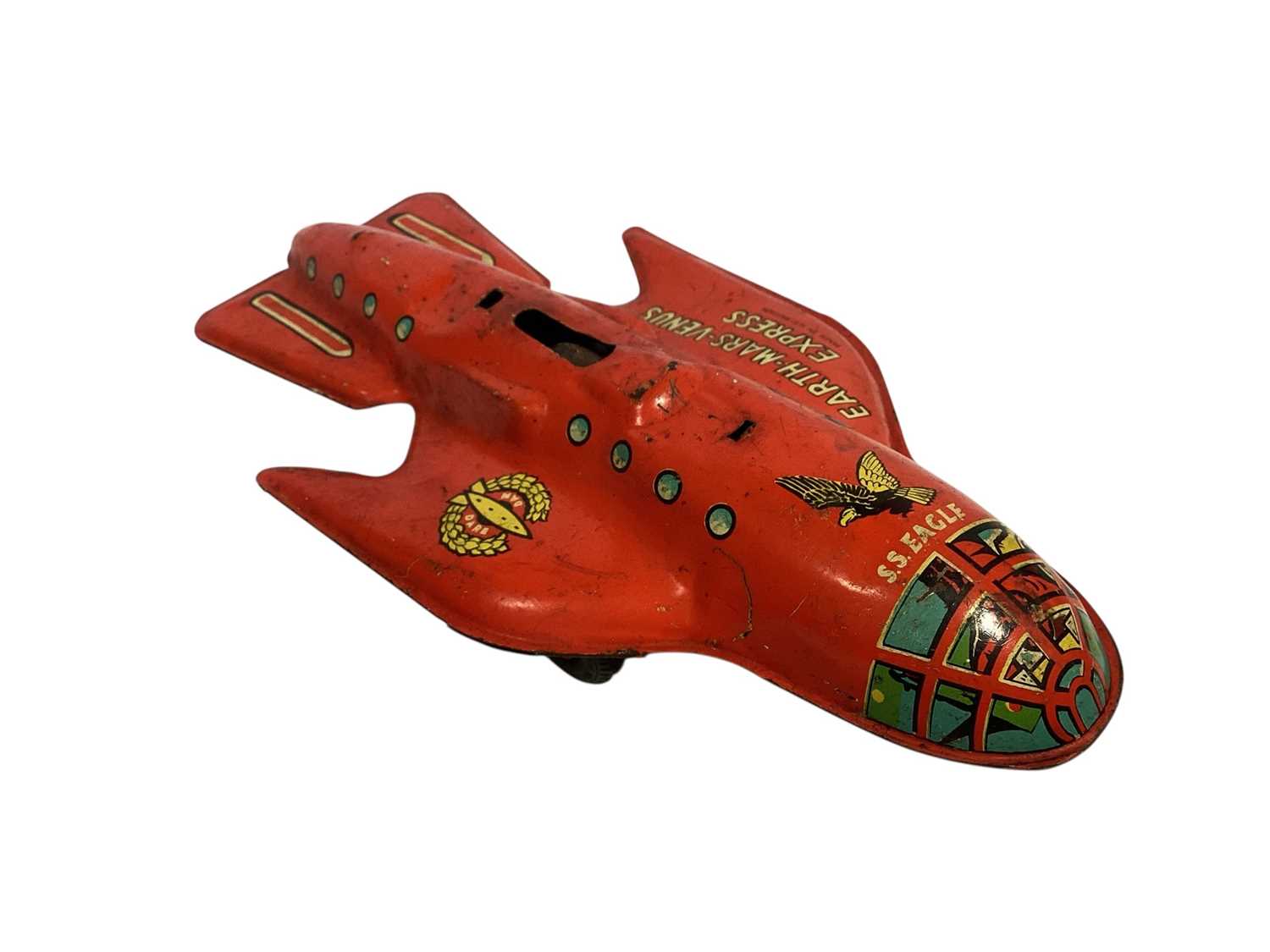 Lot 1842 - Dan Dare (c1950's) tin plate friction unboxed SS Eagle Earth-Mars-Venus Express (cockpit cover missing) & Schucco Ferrari 1070 unboxed clockwork Grand Prix Racer (wheel missing) (2)