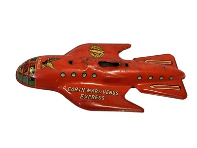 Lot 1842 - Dan Dare (c1950's) tin plate friction unboxed SS Eagle Earth-Mars-Venus Express (cockpit cover missing) & Schucco Ferrari 1070 unboxed clockwork Grand Prix Racer (wheel missing) (2)