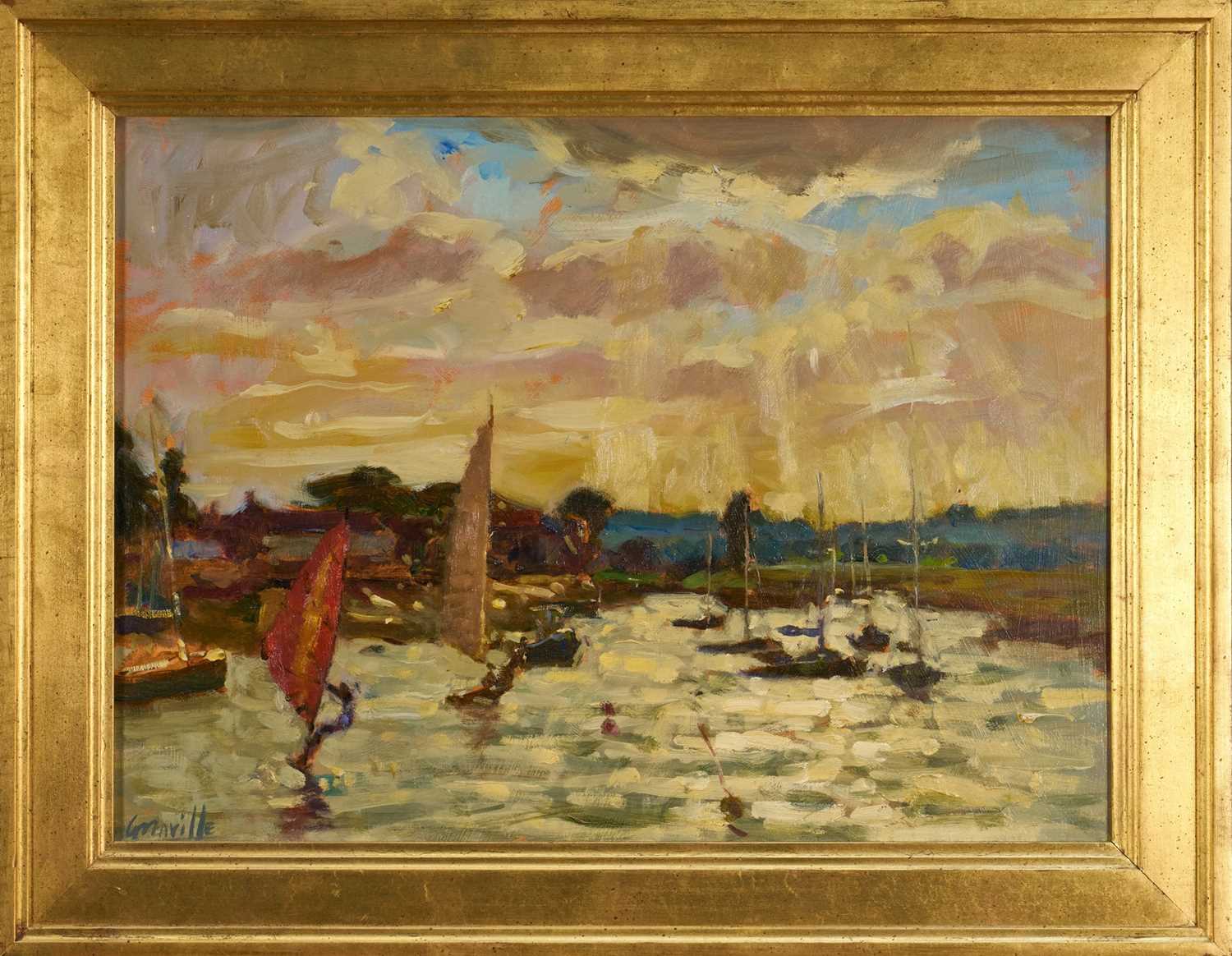 Lot 883 - *Hugo Grenville (b.1958) oil on board - Wind Surfers, signed, 32cm x 43cm, in gilt frame