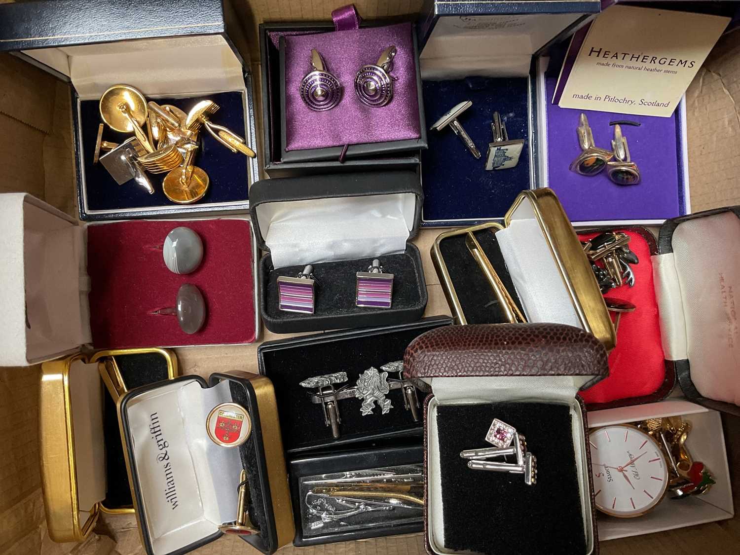 Lot 130 - Collection of various cufflinks, mostly boxed, tie pins etc
