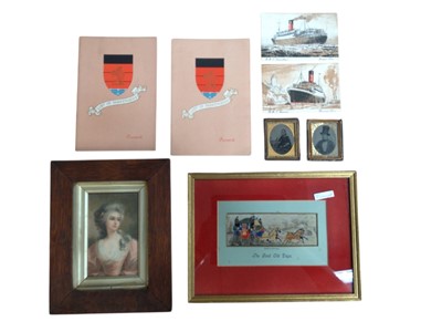 Lot 1165 - Group of ephemera, including naval photographs, postcards, telegrams, antique engravings, Royal items, etc, together with a Stevengraph, a daguerreotype and a framed print