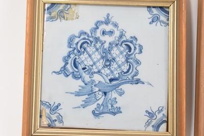Lot 79 - Three 18th century English Delft tiles, framed