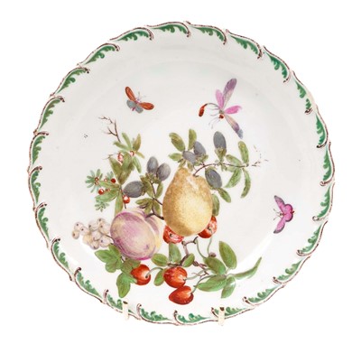 Lot 272 - Chelsea round dish, painted with fruits, leaves and insects, circa 1760