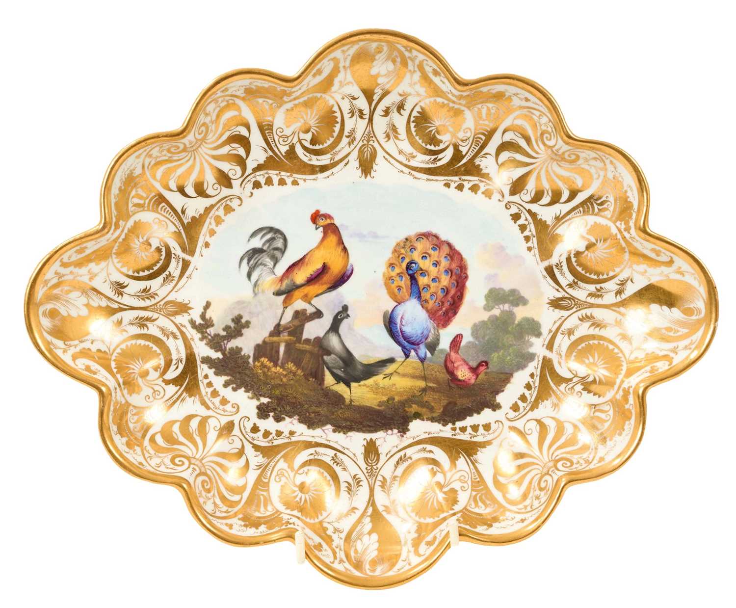 Lot 59 - Derby lobed oval dish, painted by Richard Dodson with birds, circa 1815
