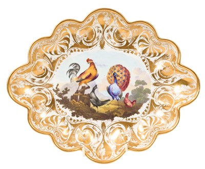 Lot 275 - Derby lobed oval dish, painted by Richard Dodson with birds, circa 1815