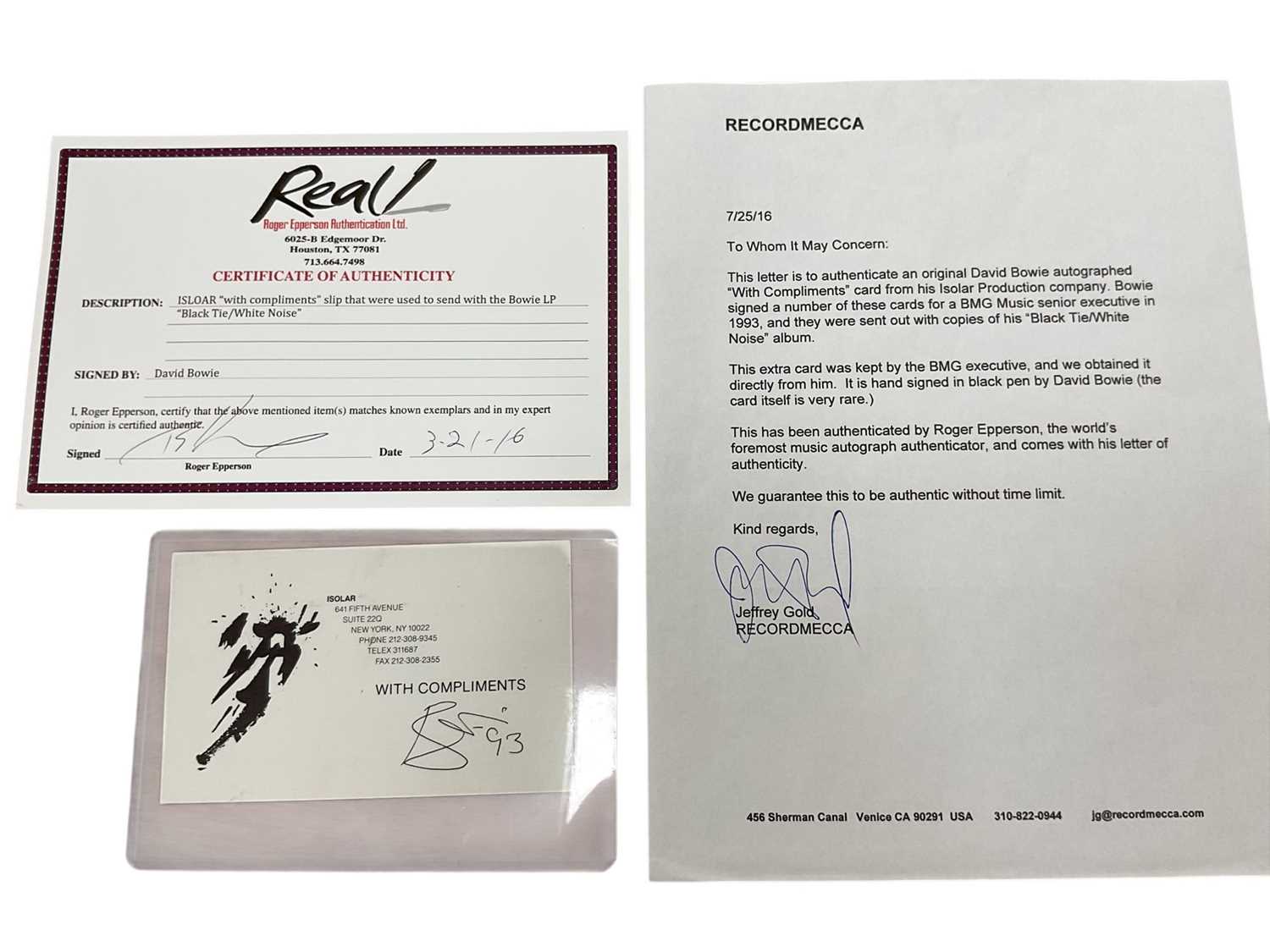 Lot 1215 - Autographs David Bowie Isolar 'with compliments' slip, signed with certificate of authenticity by Roger Epperson Authentication Ltd, plus provenance