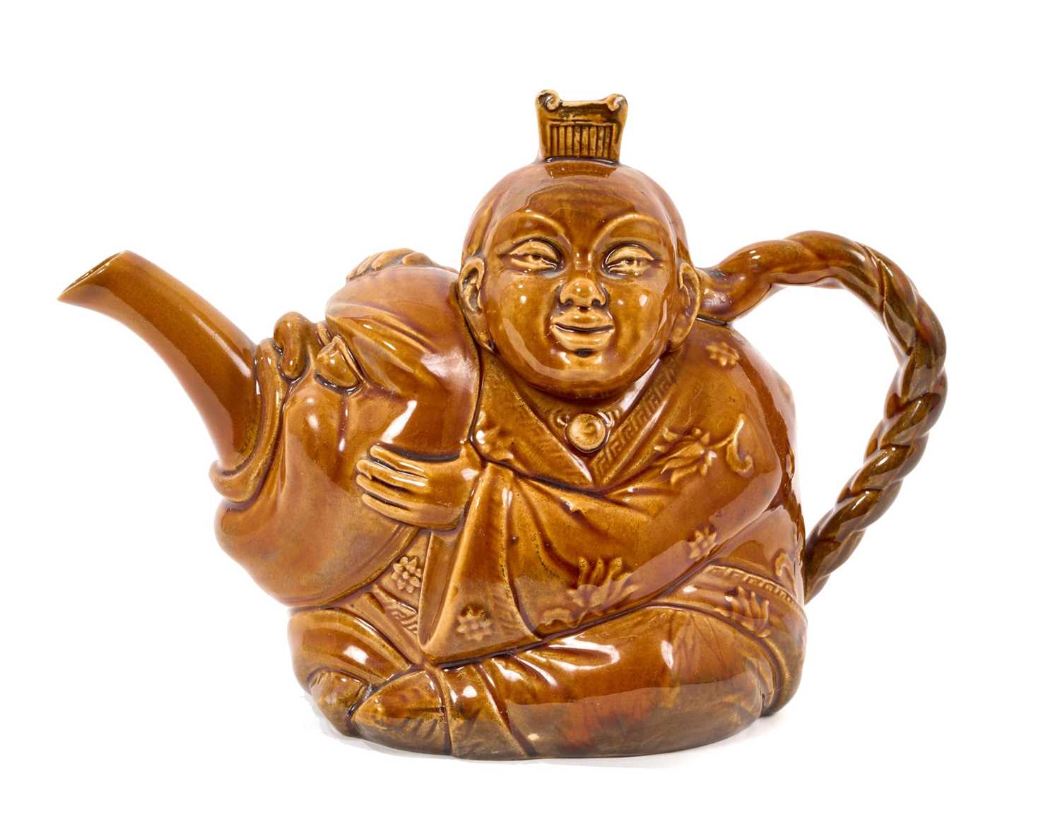 Lot 53 - Minton brown glazed teapot and cover, in the form of a chinaman