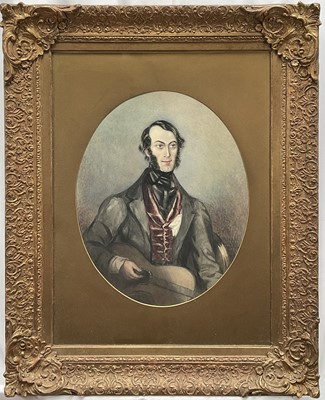 Lot 1262 - Continental School, 19th century, watercolour - Portrait of a seated Gentleman with Guitar, 44cm x 35cm, in glazed gilt frame