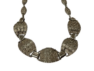 Lot 226 - Art Deco Theodor Fahrner silver panel necklace, together with a similar silver gilt and marcasite leaf brooch