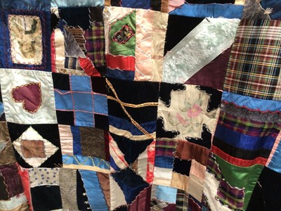 Lot 2136 - Victorian crazy patchwork quilt and a Victorian shell encrusted tea cosy