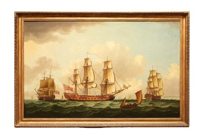Lot 1206 - John Clevely (c.1712-1777) oil on canvas - An East Indiaman in Three Positions, signed and dated 1770, 92cm x 145cm, in gilt frame