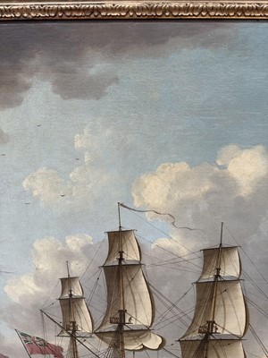 Lot 1206 - John Clevely (c.1712-1777) oil on canvas - An East Indiaman in Three Positions, signed and dated 1770, 92cm x 145cm, in gilt frame