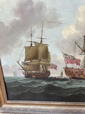Lot 1206 - John Clevely (c.1712-1777) oil on canvas - An East Indiaman in Three Positions, signed and dated 1770, 92cm x 145cm, in gilt frame