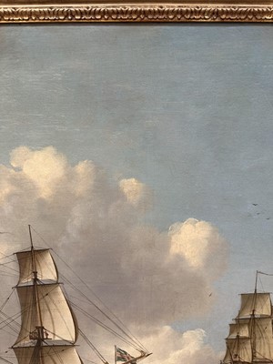 Lot 1206 - John Clevely (c.1712-1777) oil on canvas - An East Indiaman in Three Positions, signed and dated 1770, 92cm x 145cm, in gilt frame