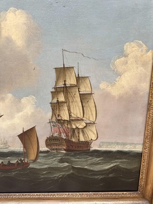 Lot 1206 - John Clevely (c.1712-1777) oil on canvas - An East Indiaman in Three Positions, signed and dated 1770, 92cm x 145cm, in gilt frame