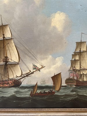 Lot 1206 - John Clevely (c.1712-1777) oil on canvas - An East Indiaman in Three Positions, signed and dated 1770, 92cm x 145cm, in gilt frame