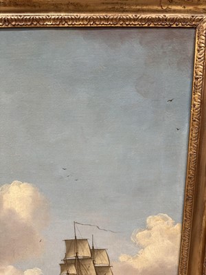 Lot 1206 - John Clevely (c.1712-1777) oil on canvas - An East Indiaman in Three Positions, signed and dated 1770, 92cm x 145cm, in gilt frame