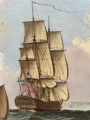 Lot 1206 - John Clevely (c.1712-1777) oil on canvas - An East Indiaman in Three Positions, signed and dated 1770, 92cm x 145cm, in gilt frame