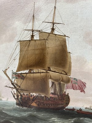Lot 1206 - John Clevely (c.1712-1777) oil on canvas - An East Indiaman in Three Positions, signed and dated 1770, 92cm x 145cm, in gilt frame