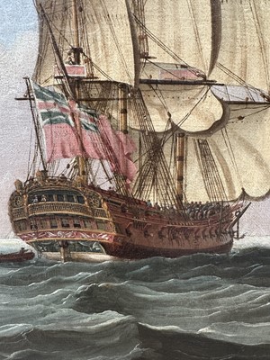 Lot 1206 - John Clevely (c.1712-1777) oil on canvas - An East Indiaman in Three Positions, signed and dated 1770, 92cm x 145cm, in gilt frame