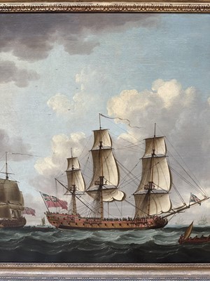 Lot 1206 - John Clevely (c.1712-1777) oil on canvas - An East Indiaman in Three Positions, signed and dated 1770, 92cm x 145cm, in gilt frame