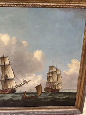 Lot 1206 - John Clevely (c.1712-1777) oil on canvas - An East Indiaman in Three Positions, signed and dated 1770, 92cm x 145cm, in gilt frame