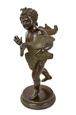Lot 1011 - Good and large 19th century Grand tour bronze figure of a putto stealing a goose