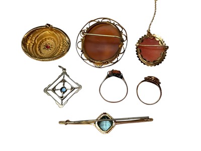 Lot 92 - Group of Victorian and later 9ct gold brooches including cameos, blue stone bar brooch, one other brooch, two cameo rings and a white gold get pendant