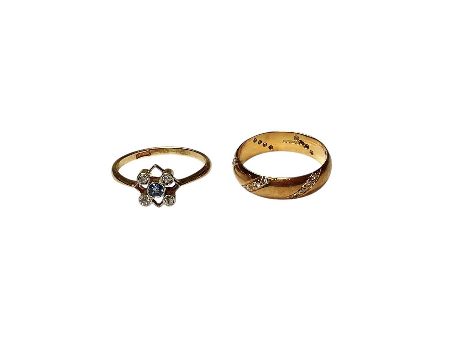 Lot 94 - Edwardian 18ct gold diamond and sapphire ring and 18ct gold diamond set wedding band (2)