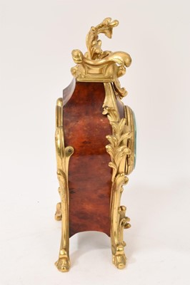 Lot 621 - Late 19th century French rococo red tortoiseshell and ormolu mantel clock with enamelled dial, cylinder movement by Paris maker, 28cm high, with key