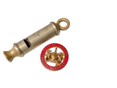 Lot 663 - Victorian metropolitan police truncheon with crowned police stamp, The Metropolitan Patent City of London Police Reserve whistle, and a City of London Police Reserve enamel cap badge.