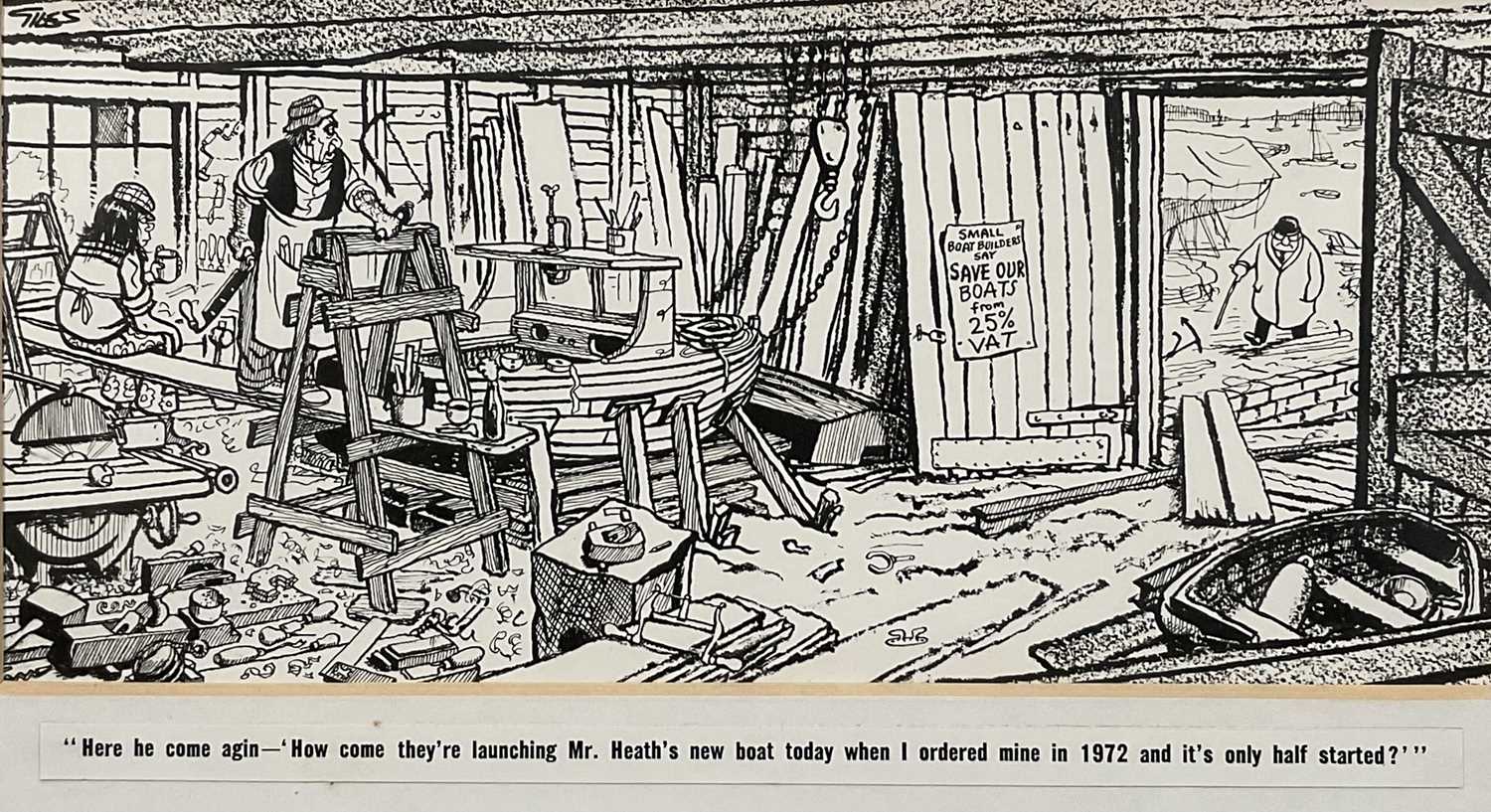 Lot 268 - Giles, signed cartoon - Edward Heath and boat builders, dated 1975, 18cm x 39cm, glazed frame