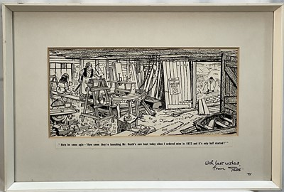 Lot 268 - Giles, signed cartoon - Edward Heath and boat builders, dated 1975, 18cm x 39cm, glazed frame