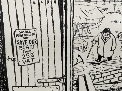 Lot 268 - Giles, signed cartoon - Edward Heath and boat builders, dated 1975, 18cm x 39cm, glazed frame