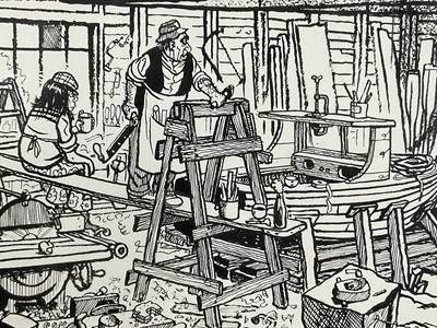 Lot 268 - Giles, signed cartoon - Edward Heath and boat builders, dated 1975, 18cm x 39cm, glazed frame