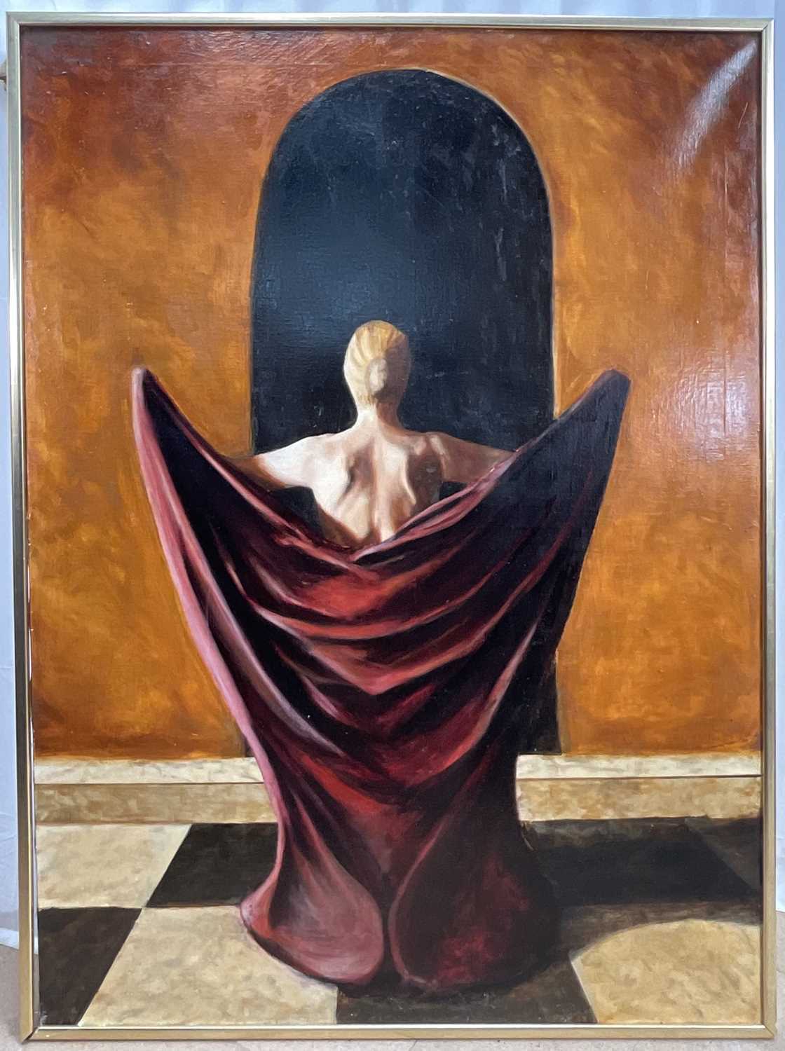 Lot 348 - Large oil on canvas of a woman in robes, inscribed verso dated '97, 150cm x 110cm, framed