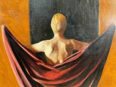 Lot 348 - Large oil on canvas of a woman in robes, inscribed verso dated '97, 150cm x 110cm, framed