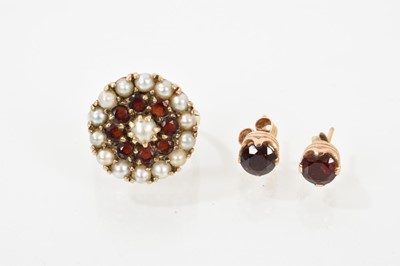 Lot 698 - Garnet and cultured pearl cluster ring and a pair of garnet stud earrings