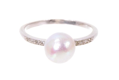 Lot 734 - Pearl and diamond ring with a 7.6mm pearl (not tested for natural origin)