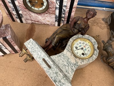 Lot 91 - Large Art Deco marble stepped mantel clock with matching ornament, together with a French spelter figural clock with matching vase (4)