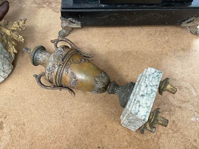 Lot 91 - Large Art Deco marble stepped mantel clock with matching ornament, together with a French spelter figural clock with matching vase (4)