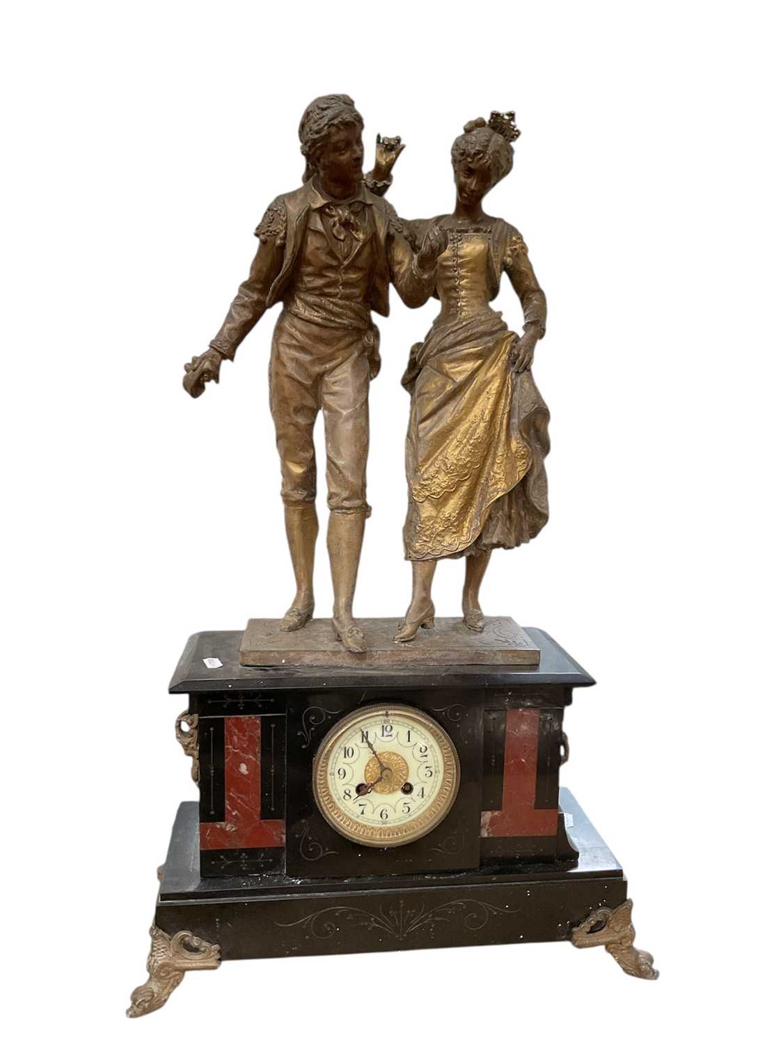 Lot 92 - Large antique French figural patinated spelter, slate and marble mantel clock, 71cm high