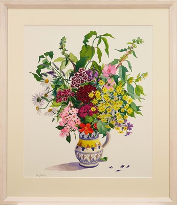 Lot 1306 - *Christopher Ryland (1951-2022) watercolour - Flowers in an Italian Jug, signed, titled verso, 62cm x 52cm, mounted in glazed frame