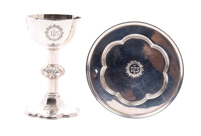 Lot 406 - Small Victorian silver chalice with knopped stem and engraved christogram.
