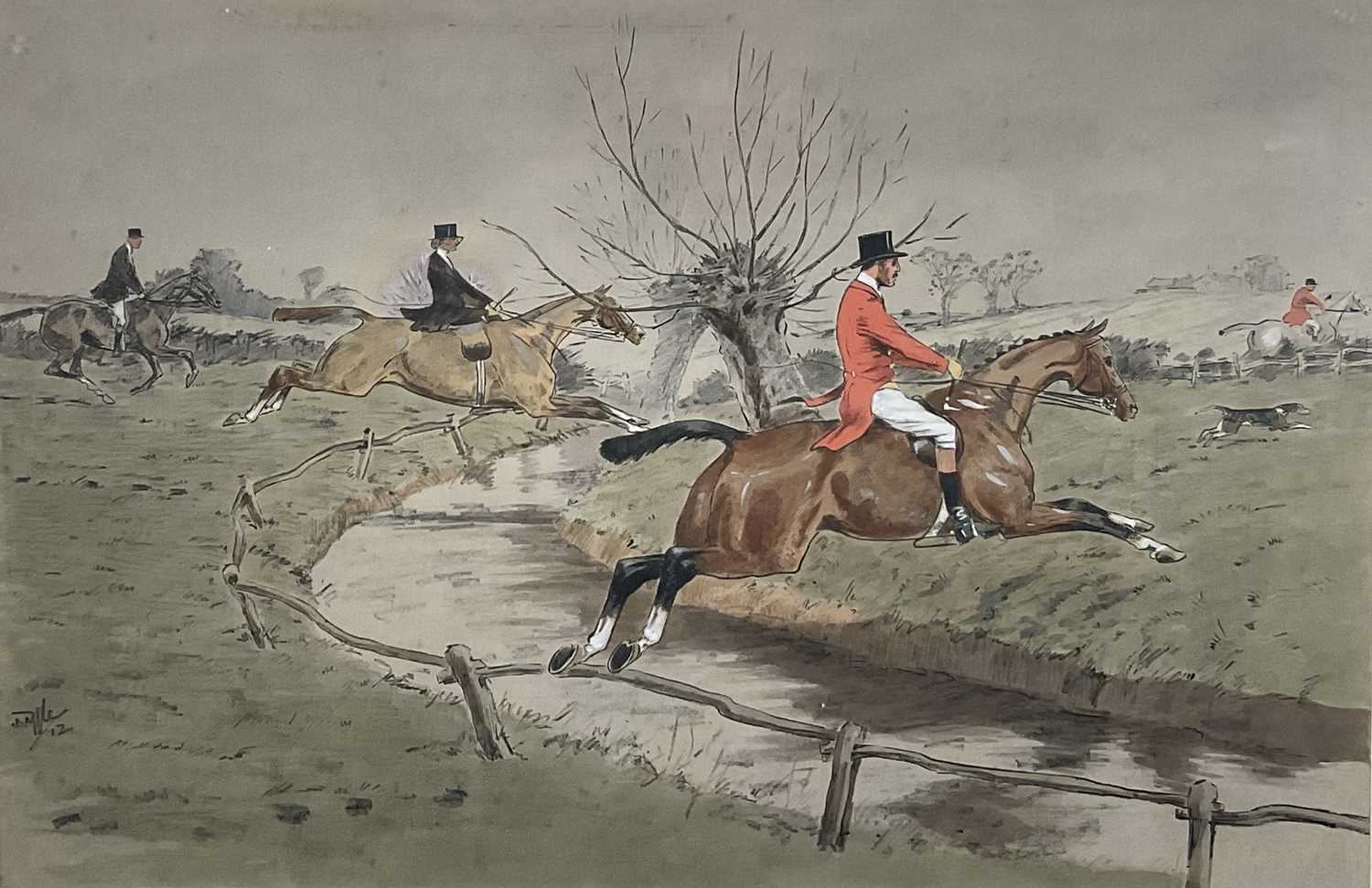 Lot 203 - Snaffles, Charles Johnson Payne (1884-1967) print, ‘The Whissendine Brook runs deep and wide’, 52cm x 70cm, framed and glazed