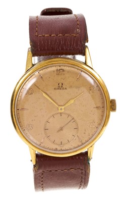 Lot 774 - 1950s Gentlemen's Omega jumbo-size wristwatch with 265 calibre manual wind movement in gold plated case in leather strap