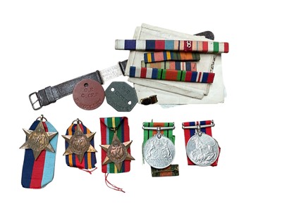 Lot 653 - Second World War medal group comprising 1939 - 1945 Star, Burma Star, Pacific Star, Defence and War medals, together with dog tags