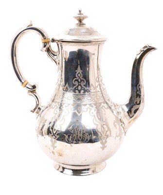 Lot 427 - Victorian silver coffee pot of baluster form, with engraved decoration and initials